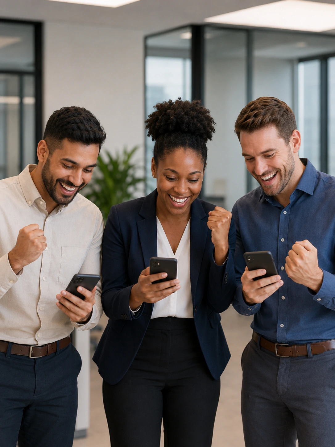 Three diverse South Africans looking at their phones after receiving good news.